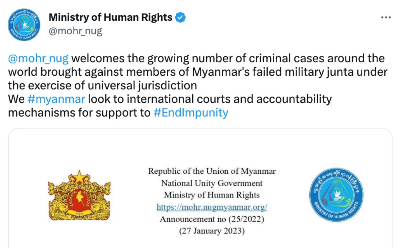 The National Unity Government of Myanmar Endorses Universal Jurisdiction Complaint in Germany 